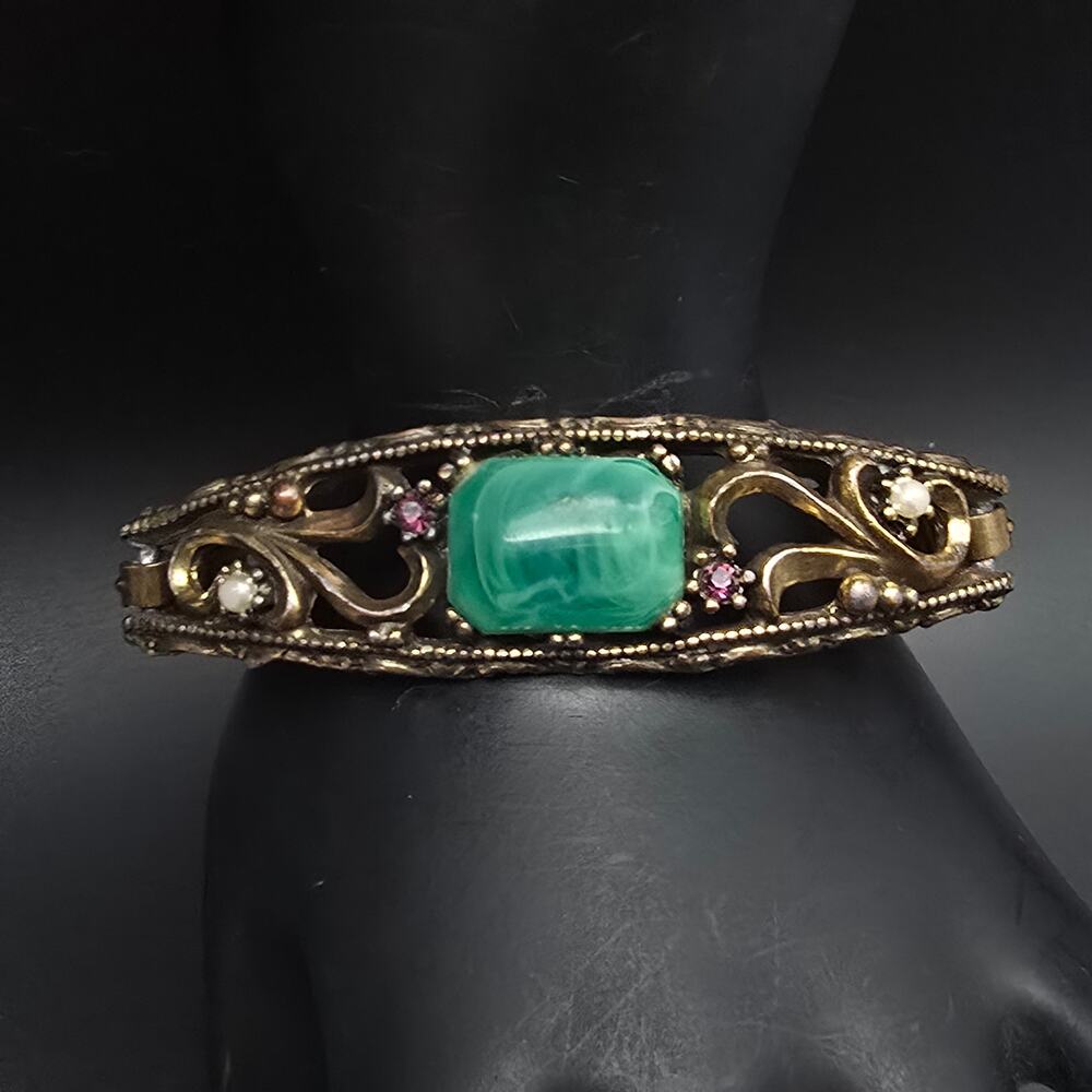 Victorian Revival Green Gold Tone Bracelet Faux Pearl Rhinestone Costume Jewelry